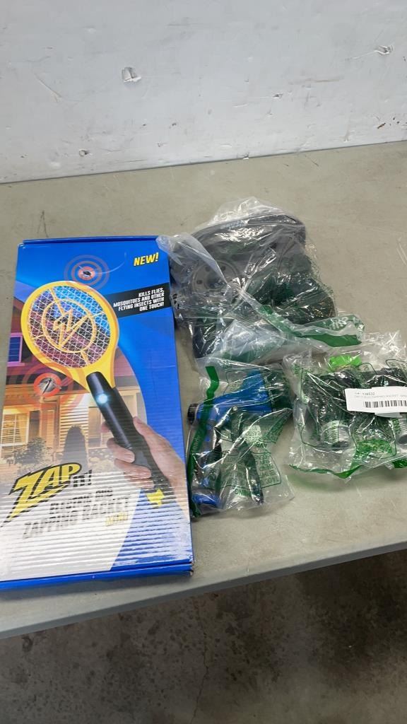 ZAP IT BUG ZAPPING RACKET, SPRINKER, SPRAY NOZZLE, AND HOSE SPLITTER