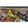 Image 8 : WOOD CRATE OF JUMPER CABLES, TOOLS AND MORE