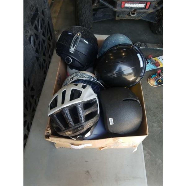 BOX OF VARIOUS LOST PROPERTY HELMETS