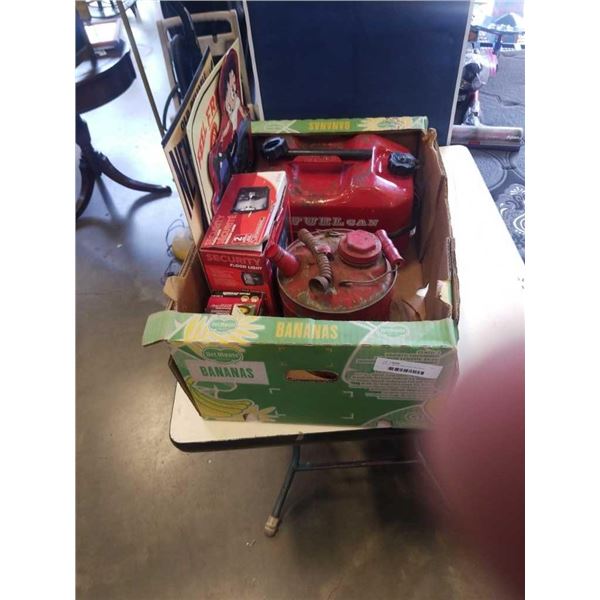 BOX OF METAL GAS CANS AND 4 METAL SIGNS