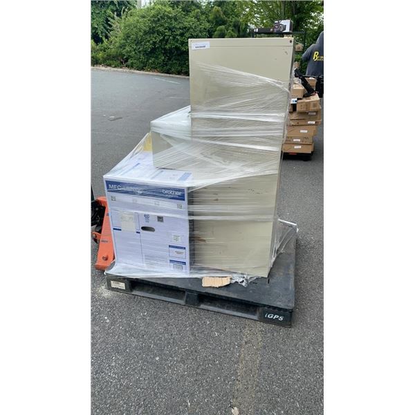 PALLET OF PRINTERS, FILE CABINETS, AND SAFE