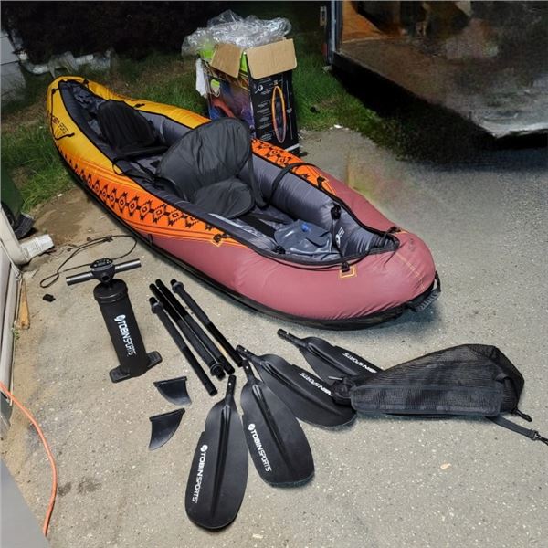 TOBIN SPORTS WAVEBREAK 2 SEATER KAYAK WITH FINS, PADDLES,SEATS AND PUMP