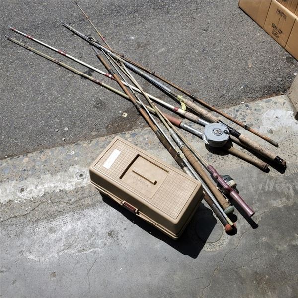 BUNDLE OF FISHING RODS AND TACKLE BOX WITH CONTENTS