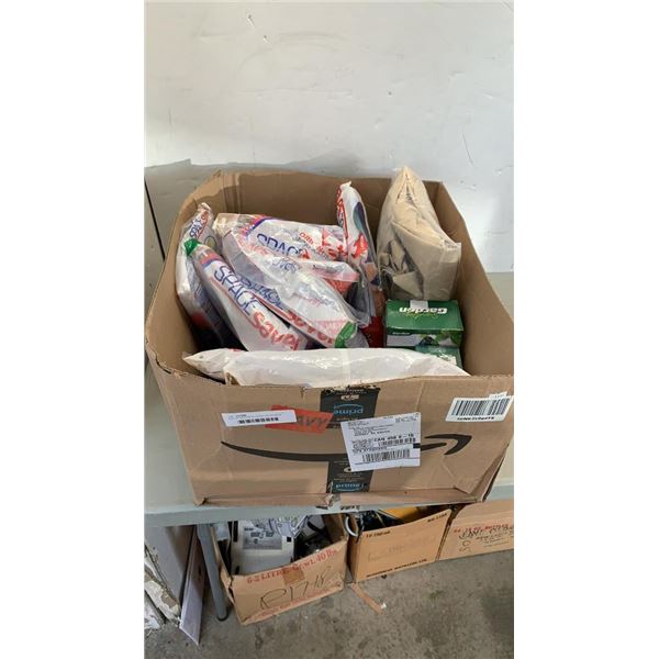 BOX OF VACUUM STORAGE SAVER BAGS, GRILL COVER AND MORE