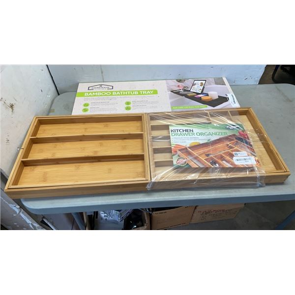 2 BAMBOO CUTLERY TRAYS AND BATHTUB TRAY