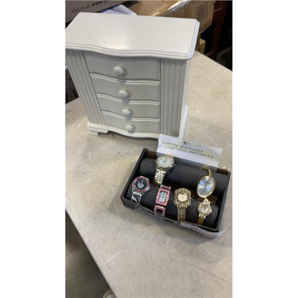 JEWELRY BOX WITH CONTENTS AND 6 WORKING WATCHES