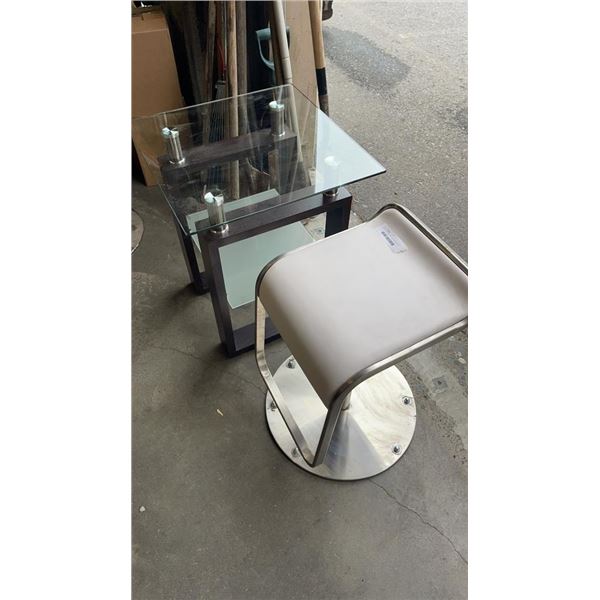 WHITE GASLIFT STOOL AND GLASSTOP SIDE TABLE