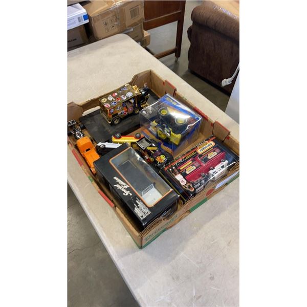 TRAY OF DIE CAST VEHICLES AND COIN BANK