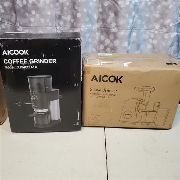 AS NEW AICOK SLOW JUICER AND AICOOK COFFEE GRINDER BOTH TESTED AND WORKING