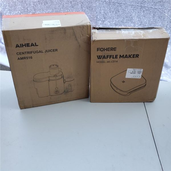 AS NEW AIHEAL CENTRIFUGAL JUICER AND FOHERE WAFFLE MAKER BOTH TESTED AND WORKING