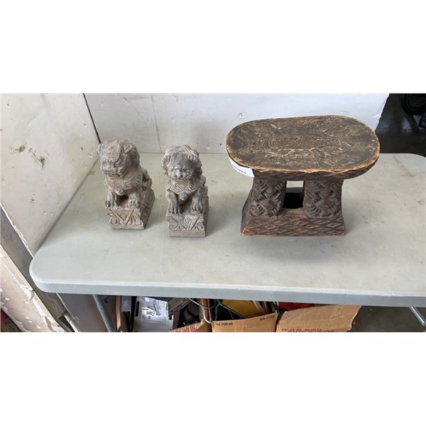 CARVED WOOD STOOL AND 2 FOO DOG STATUES