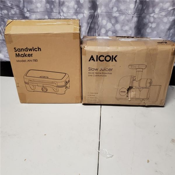 AS NEW AICOK SLOW JUICER AND SANDWICH MAKER BOTH TESTED AND WORKING