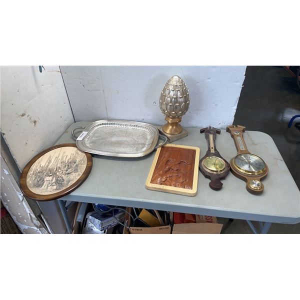 LOT OF COLLECTIBLES - CARVED PLAQUE, EGG STATUE, BAROMETERS, SERVING TRAY AND MORE