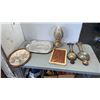 Image 1 : LOT OF COLLECTIBLES - CARVED PLAQUE, EGG STATUE, BAROMETERS, SERVING TRAY AND MORE