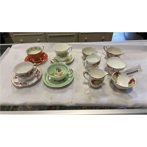 4 CUPS AND SAUCERS - PARAGON, ROYAL VALE, AND  QUEEN ANNE, AND 3 CREAM AND SUGARS - QUEEN ANNE AND N