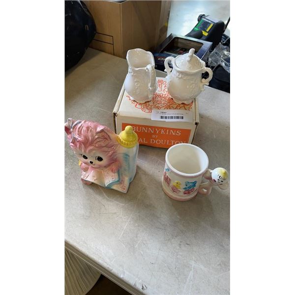 LOT OF ROYAL DOULTON BUNNYKINS PORCELAIN WITH CREAM/SUGAR AND PORCELAIN TODDLER SET