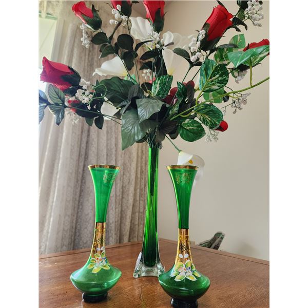 Venetian Glass Green Flower Vases 14T