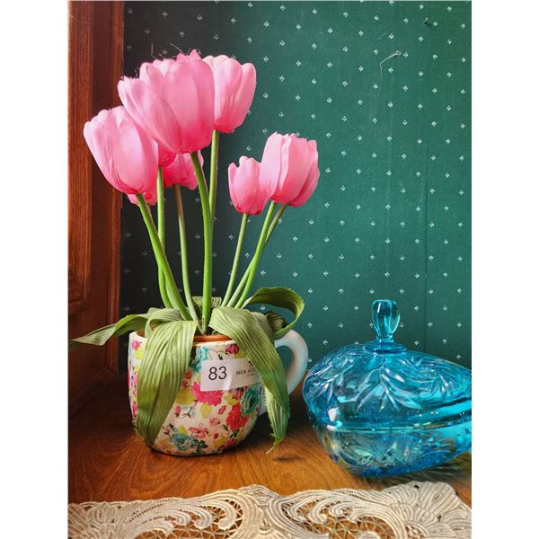 Colored Glass Candy Dish and SIlk Flowers