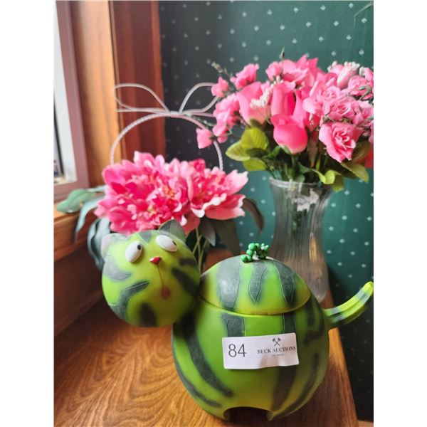 Silk Flowers and Cat Jar