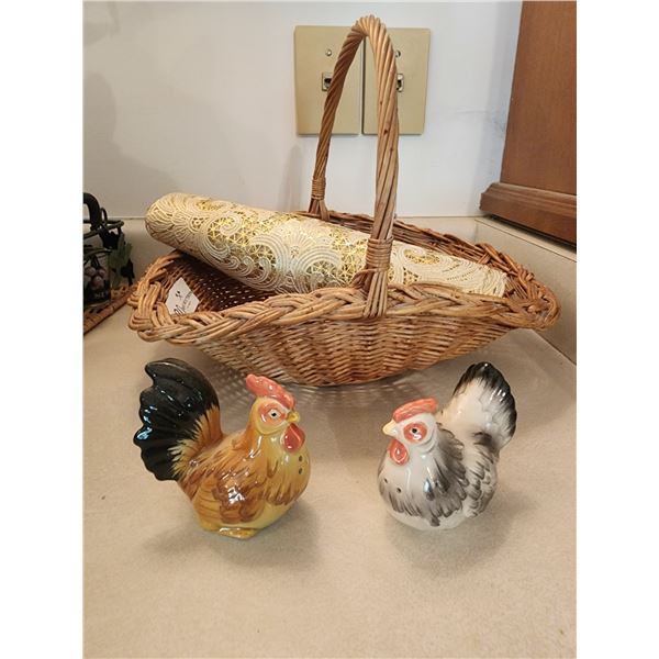 Rooster Salt Pepper Shakers - Basket - Lace Placemats