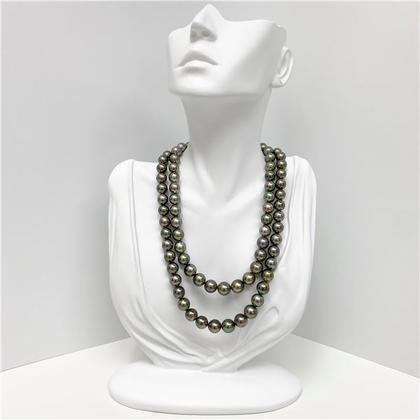 8-10mm Tahitian Silver Green Near-Round Double-Strand Pearl Necklace with Gold Clasp