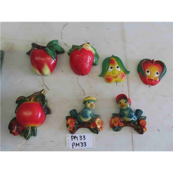 3 Chalkware Fruit String Dispensers, 2 Chalkware Fruit Key Holders, 2 Chalkware Birds