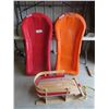 Image 1 : 2 Plastic Pelican Sled/ Short Toboggan , Wooden Kids Sleigh with Back + Side Rails