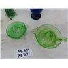 Image 2 : 2 Green Glass Juicers, Brown Glass Vase, Blue Lamp, Amber Finger Lamp, 