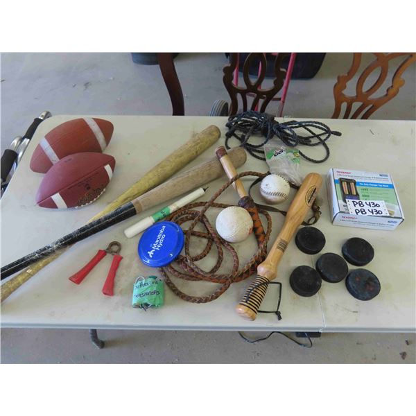 Baseball Bats, Hockey Pucks, Footballs, Battery Charger