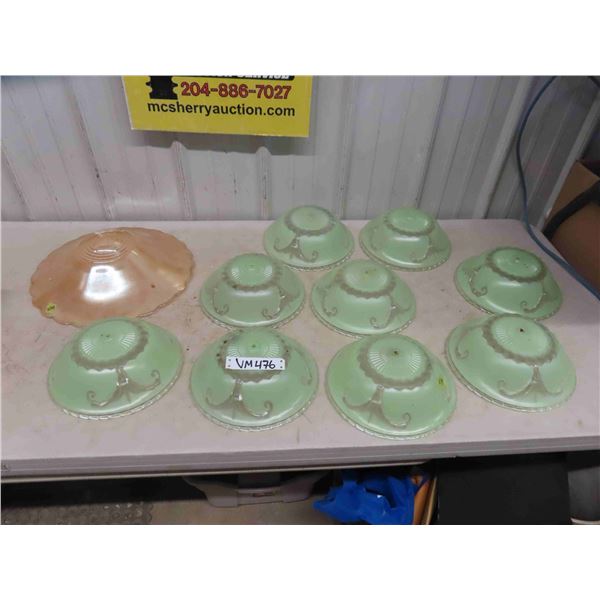 9 Vintage Green Glass Ceiling Light Shades 10" , Gold Lamp Shade for Ceiling with 