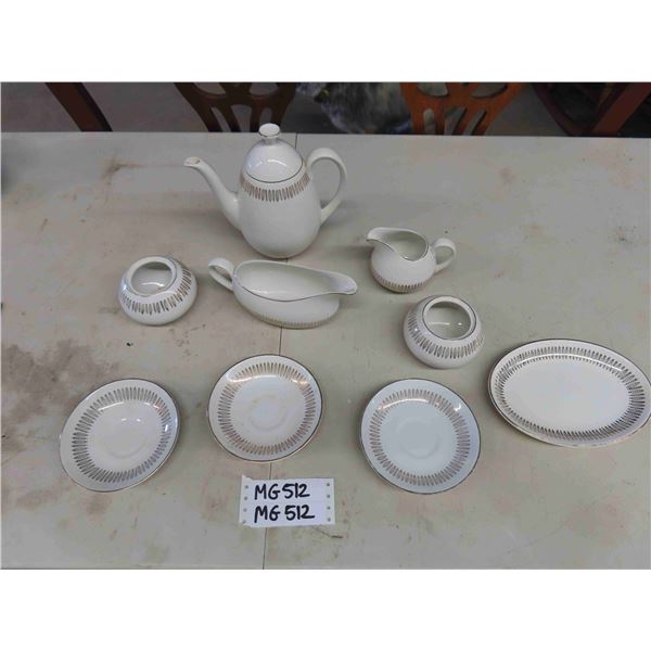 Royal Knight Assorted China ; Tea Pot, Cream + Sugar, Saucers, Tray