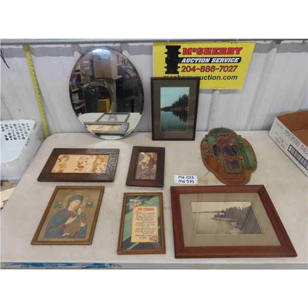 Antique Oval Bevelled Mirror 15" x 19.5" , 6 Assorted Antique Framed Pictures, 