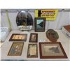 Image 1 : Antique Oval Bevelled Mirror 15" x 19.5" , 6 Assorted Antique Framed Pictures, 