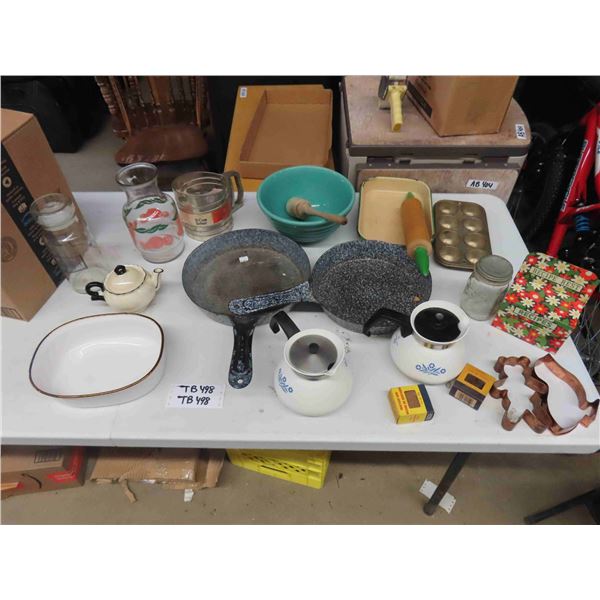 Kitchenware ; Enamel Pans, Sifter, Mixing Bowl, Cookie Cutters, Corning