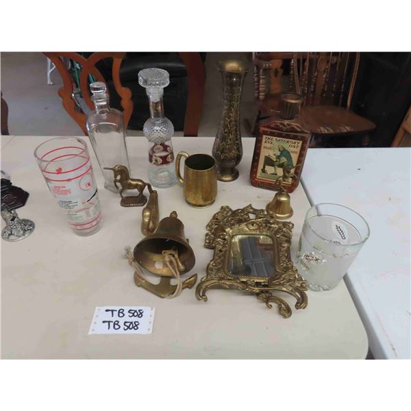 Glass + Brass ; Bells, Mirror, Unicorn, Cup, Liquor Decanters, Shaker