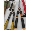 Image 2 : Assorted Garden Tool ; Clippers, Shovel, Hatchet, Pruners, Air Pump, Buck Saw 