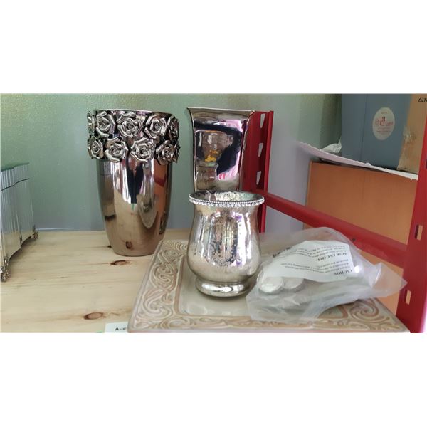 Metal Vases, Platter, Candle Holder A