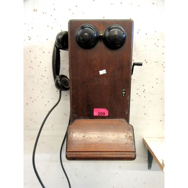 Vintage Wood Case Crank Wall Phone 