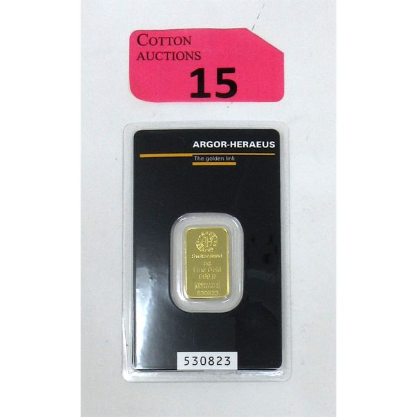 5 Gram .9999 Fine Gold Argor-Heraeus Certified Bar 