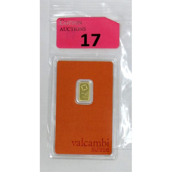 1 Gram .9999 Fine Gold Valcambi Suisse Certified Bar in Assay Card 