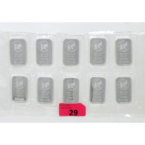 10 x 1 Oz .999 Silver Sunshine Minting Bars in Uncut Sheet  