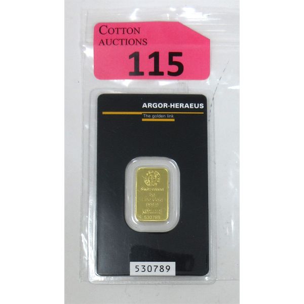 5 Gram .9999 Fine Gold Argor-Heraeus Certified Bar 