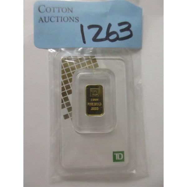 1 Gram .9999 Fine Gold TD Bank Investor Bar 