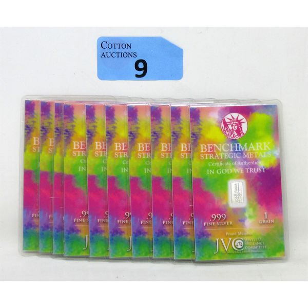 10 x 1 Grain .999 Silver Certified Bars in Assay Cards 