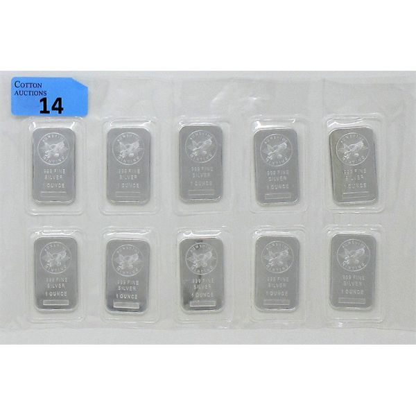 10 x 1 Oz .999 Silver Sunshine Minting Bars in Uncut Sheet 