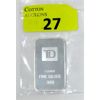 Image 1 : 1 Oz .999 Silver TD Bank Investor Bar