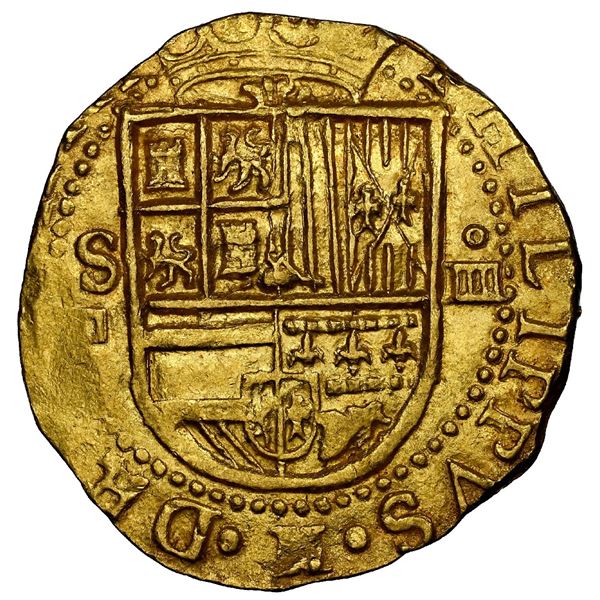 Seville, Spain, gold cob 4 escudos, Philip II, assayer Gothic D below mintmark S to left, NGC MS 64.