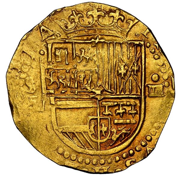 Seville, Spain, gold cob 4 escudos, Philip II, assayer Gothic D below mintmark S to left, NGC MS 62.