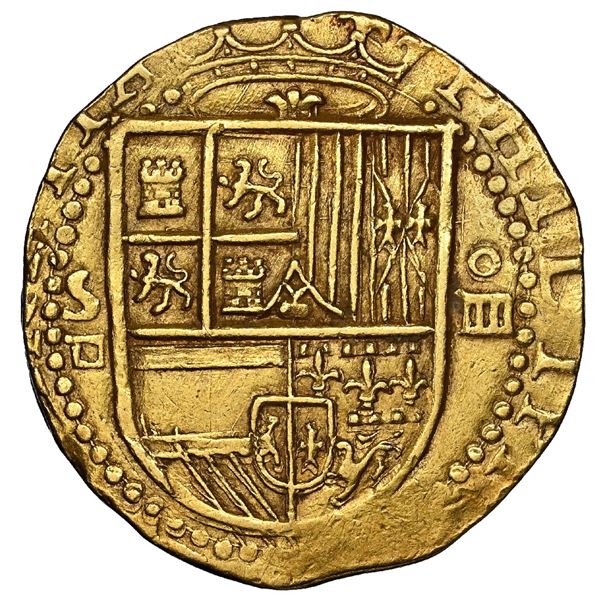 Seville, Spain, gold cob 4 escudos, Philip II, assayer Gothic D below mintmark S to left, NGC AU 58.