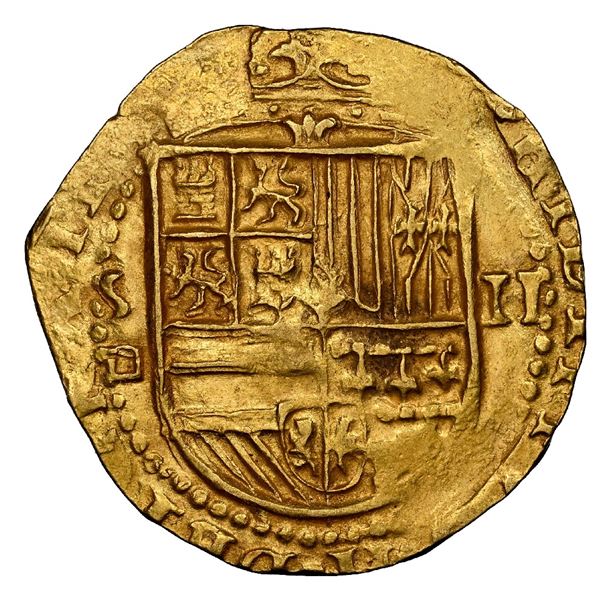 Seville, Spain, gold cob 2 escudos, Philip II, assayer Gothic D below mintmark S to left, NGC MS 61.